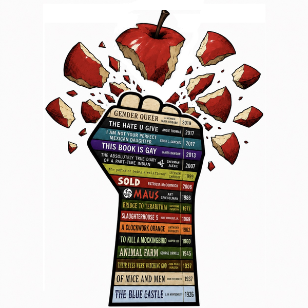 Advocate for Educators logo: a raised fist made of banned books bursting from an apple